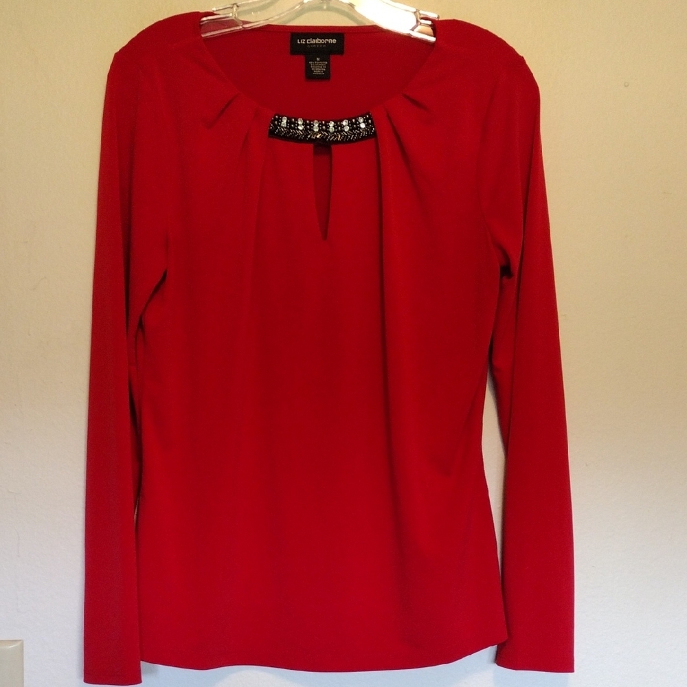 Liz Claiborne Red Long Sleeve Embellished Blouse
